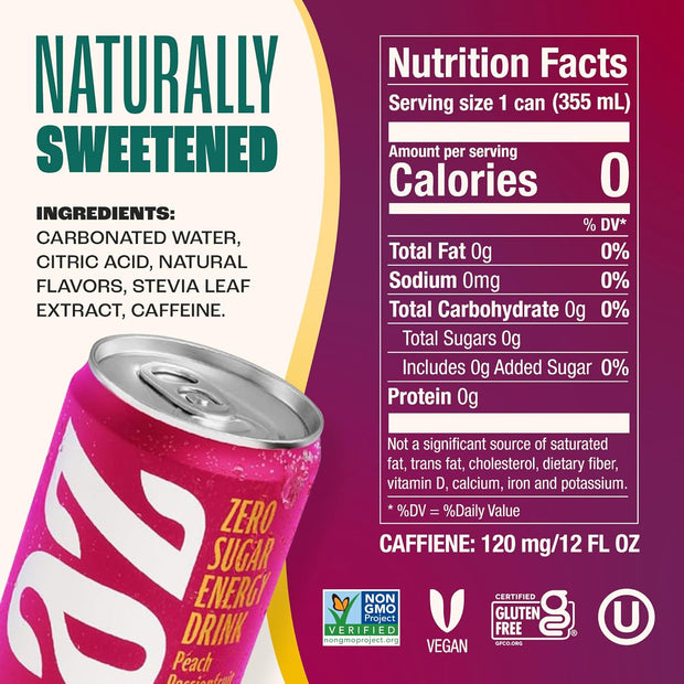 Zevia Zero Sugar Energy Drink, Peach Passionfruit, 12 oz Cans (12-Pack) – Naturally Sweetened, Non-GMO Project Verified, Gluten-Free, Vegan