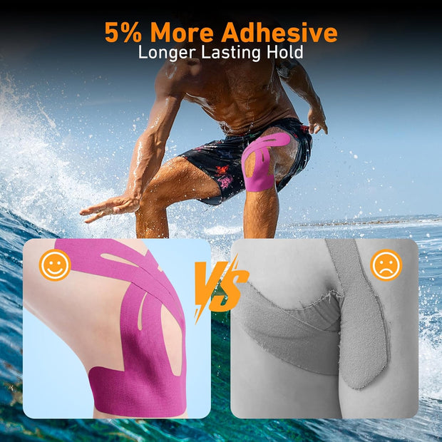 PreCut Kinesiology Tape for Knees, 12 PCS Waterproof KTQUICK Knee Tape for Knee Pain Relief Pre Cut, Original Cotton Athletic Knee Tape, Waterproof & Hypoallergenic Latex-Free for Sports (Black)