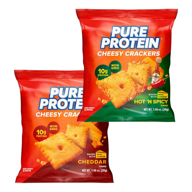Pure Protein Cheesy Crackers Variety Pack, 6 Hot and Spicy and 6 Cheddar, High Protein Snack, 10G Protein, 1.34 oz, 12 Count