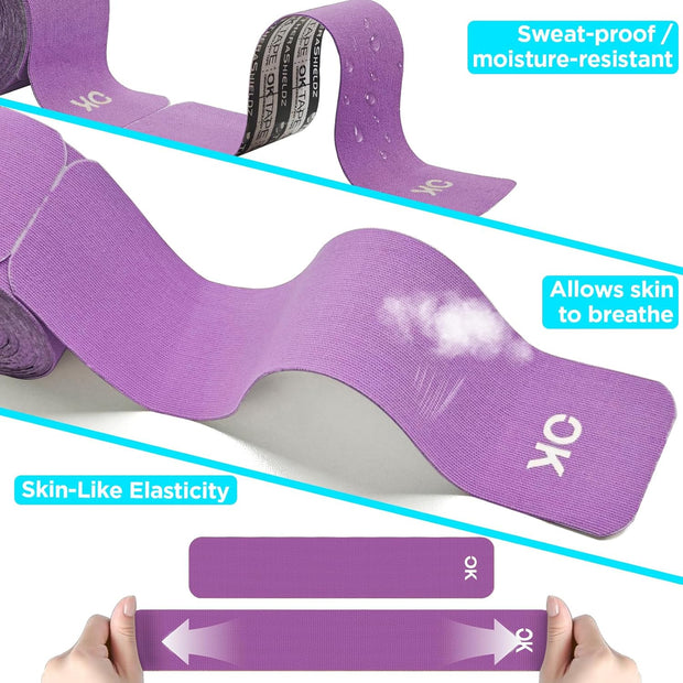 OK TAPE 4 Rolls Kinesiology Tape Precut, Cotton Elastic Athletic Tape Latex Free,20 Strips per Roll 2in x 16ft,Muscle Support,Mixcolor