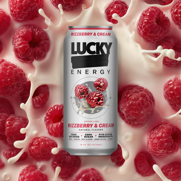 Lucky Energy Sugar Free Energy Drinks 16 Fl Oz Cans (12-Pack) Rizzberry and Cream with Maca, Ginseng, Taurine, Beta-Alanine, 200mg Caffeine