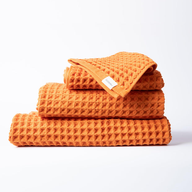 Luxury Japanese Cotton Waffle Bath Towel | Plush, Absorbent, and Quick Dry (Coral Orange, Hand Towel, 32" x 16")