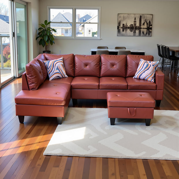 Sectional Couch 103.5" L Shaped Couch Comfy Futon Bed Upholstered Faux Leather 3 Pieces Living Room Furniture Sets with Ottoman and High Density Sponges for Living Room, White