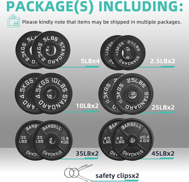Olympic Cast Iron 2-Inch Weight Plates for Strength Training & Weightlifting, 255 Pounds Set, Multiple Packages