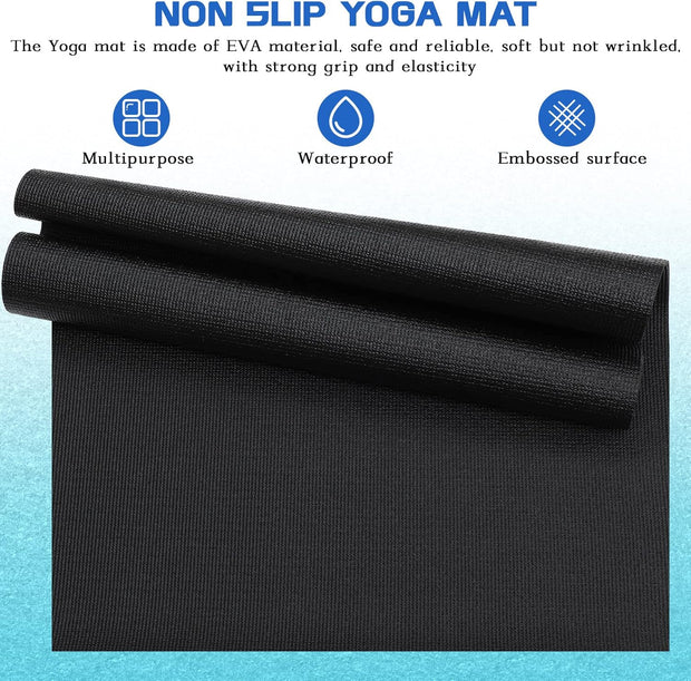 Riakrum 20 Pieces Exercise Yoga Mat Workout Mat with Strap 68 x 24 Inch Fitness Gym Mat Yoga Mat Non Slip for Women Men Gym Home Supplies(Black)