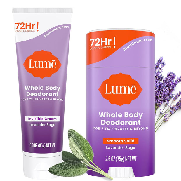 Lume Whole Body Deodorant - Invisible Cream and Solid - 72 Hour Odor Control - Aluminum Free, Baking Soda Free, Skin Safe - 3.0 Ounce Cream and 2.6 Ounce Solid Bundle (Lavender Sage)