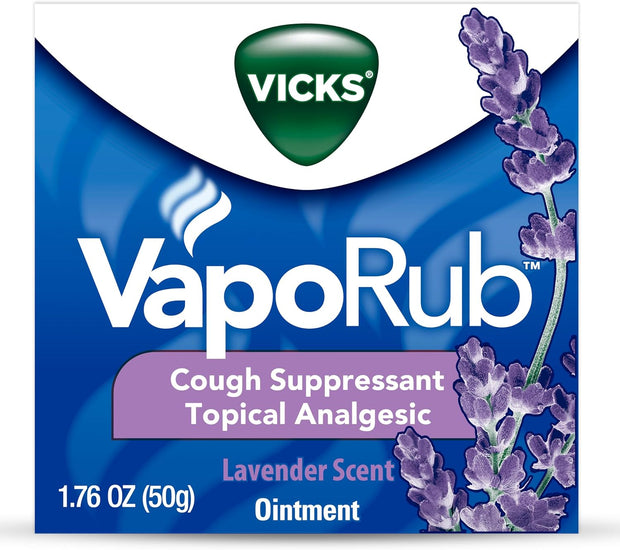 Vicks VapoRub, Lavender Scent, Cough Suppressant, Topical Chest Rub & Analgesic Ointment, Medicated Vicks Vapors, Relief from Cough Due to Cold, Aches & Pains, 1.76oz