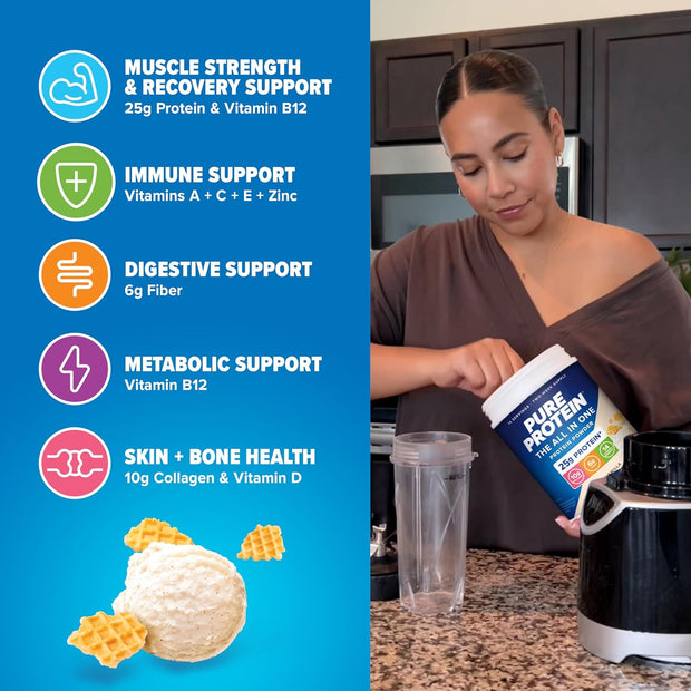 Pure Protein All-In-One Powder, Vanilla - Whey & Collagen, High Fiber, Vitamins, No Added Sugar, Non-GMO, Gluten-Free, 1.25lb
