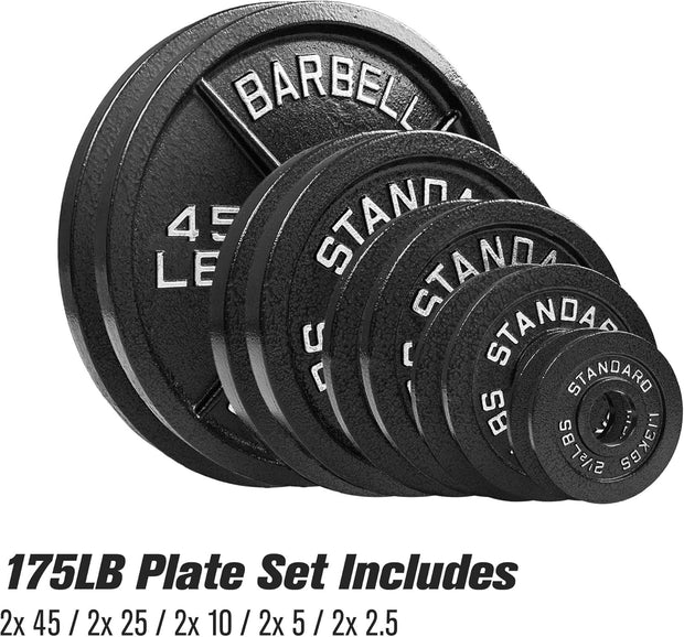 Steel Olympic Plates 175LB Set - 2 inch Olympic Hammertone Coated 2x 2.5lb, 5lb, 10lb, 25lb, & 45lb for Weight Lifting Training