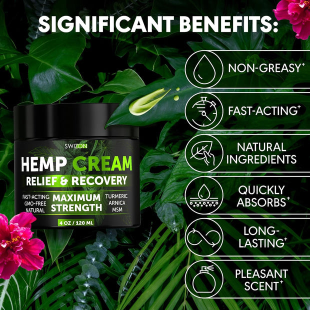 Natural Hemp Cream for Muscles, Joints, Neck, Back, Elbows - Hemp Oil Muscle Relaxer Cream to Soothe Discomfort - Hemp Oil Extract Gel with Arnica, Msm, Turmeric, Menthol Rub - 4 oz