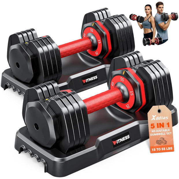 XDDIAS Adjustable Dumbbell Set of 2-25LB/55LB Set-1Sec Adjustable Dumbbell Weights-5 in 1 Free Weights Dumbbells Set with Effortless Tray/No-Slip Handle-Compact Size for Women/Men at Home Gym