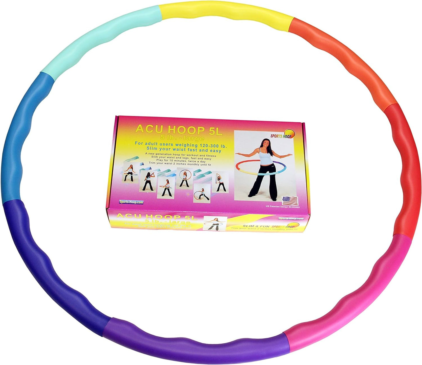 Weighted Hula Hoop, ACU Hoop 5L - 4.9 lb Large, Weight Loss Fitness Workout with ridges. (Rainbow Colors)
