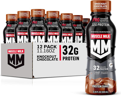 Muscle Milk Pro Advanced Nutrition Protein Shake, Knockout Chocolate, 11.16 Fl Oz (Pack of 12), 32g Protein, 1g Sugar, 16 Vitamins & Minerals, 5g Fiber, Workout Recovery, Energizing Snack, Packaging May Vary