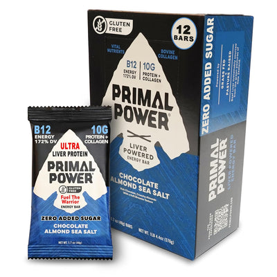 Primal Power Liver Powered Nutrition Bars - B12 Energy Boost, 10g Protein, Vitamins, Minerals, Collagen, Zero Added Sugar, Gluten Free - Pack of 12 (Chocolate Almond Sea Salt Flavor)