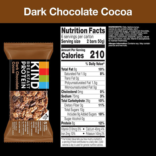 KIND Breakfast Protein Bars, Dark Chocolate Cocoa, Healthy Snacks, Gluten Free, 8g Protein, 30 Count
