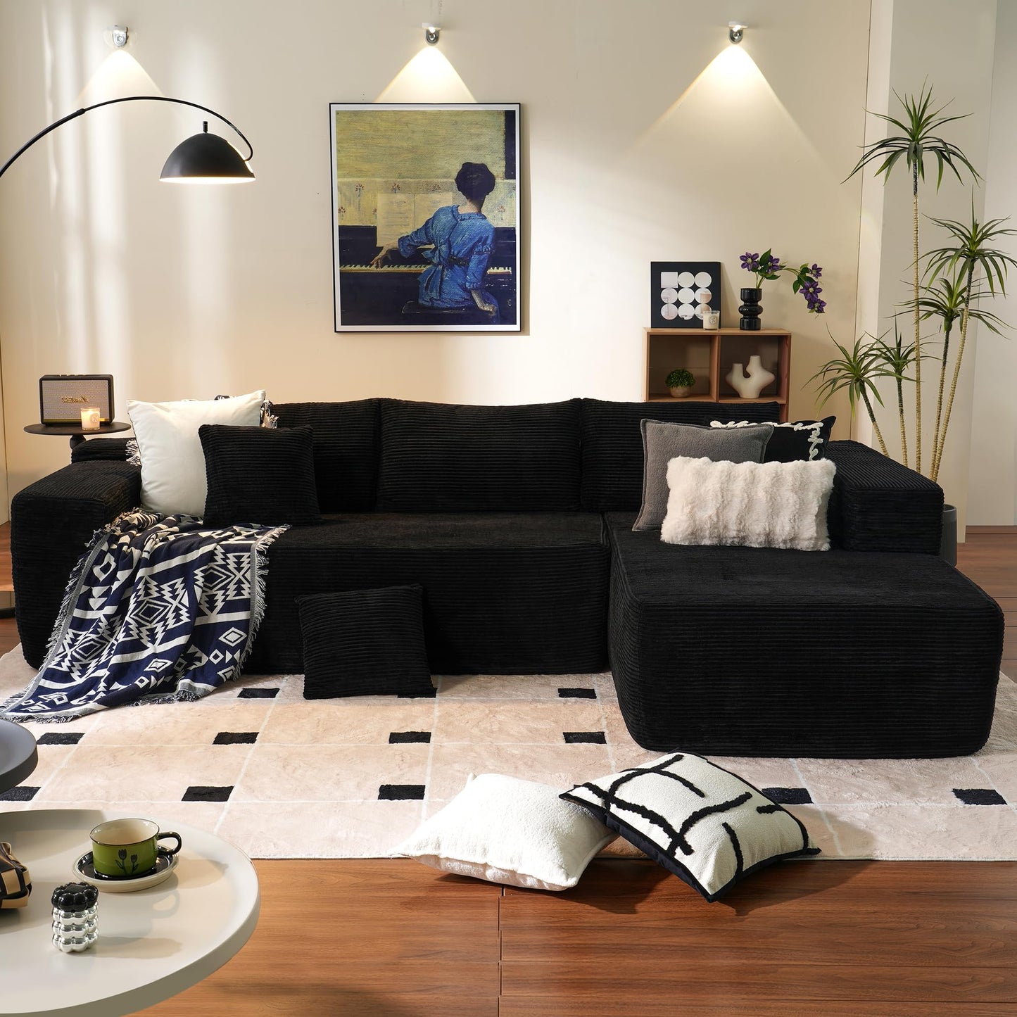 ovios Sectional Cloud Couch for Living Room, Modular Floor Sofa with Plush Corduroy, No Assembly Required, Big Comfy Couches Set with Fluffy Memory Foam, Stupendous U Shaped Sofas with Chaise, Brown