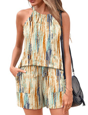 Rapbin 2 Piece Short Sets for Women Casual Vacation Summer Outfits Sleeveless Halter Tops Loose Fit