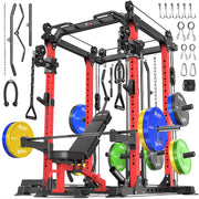 Power Cage Multi-Function Power Rack with Cable Crossover System,1800 LBS Capacity Squat Rack with Weight Bench,for Home Gym