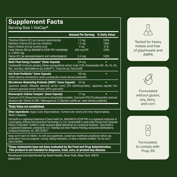 Seed AM-02 Energy + Focus - Daily Nootropic Supplement for Women & Men - Fast-Acting & Sustained Energy for Up to 6 Hours - Caffeine-Free Vegan & Shelf-Stable - 30 Capsules (30-Day Supply)