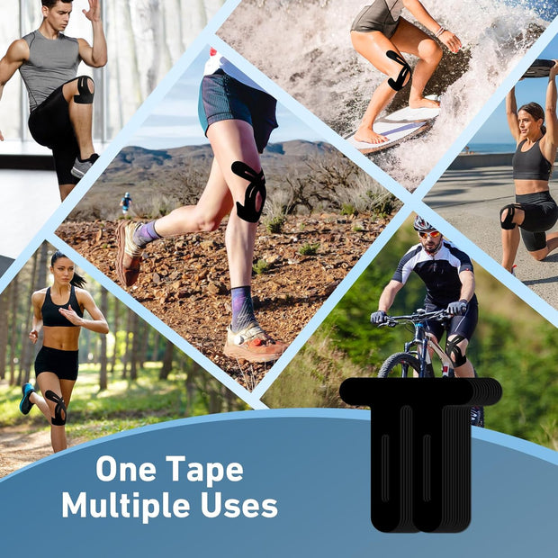 PreCut Kinesiology Tape for Knees, 12 PCS Waterproof KTQUICK Knee Tape for Knee Pain Relief Pre Cut, Original Cotton Athletic Knee Tape, Waterproof & Hypoallergenic Latex-Free for Sports (Black)
