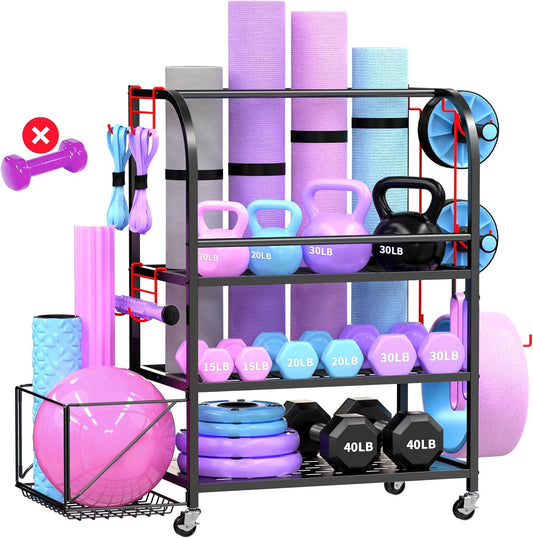 Dumbbell Rack, Weight Rack for Home Gym, 400LBS Metal Home Gym Storage with Lockable Wheels & 4 Adjustable Hooks, Weight Stand for Yoga Mat Storage, Dumbbells, Kettlebell, Foam Roller
