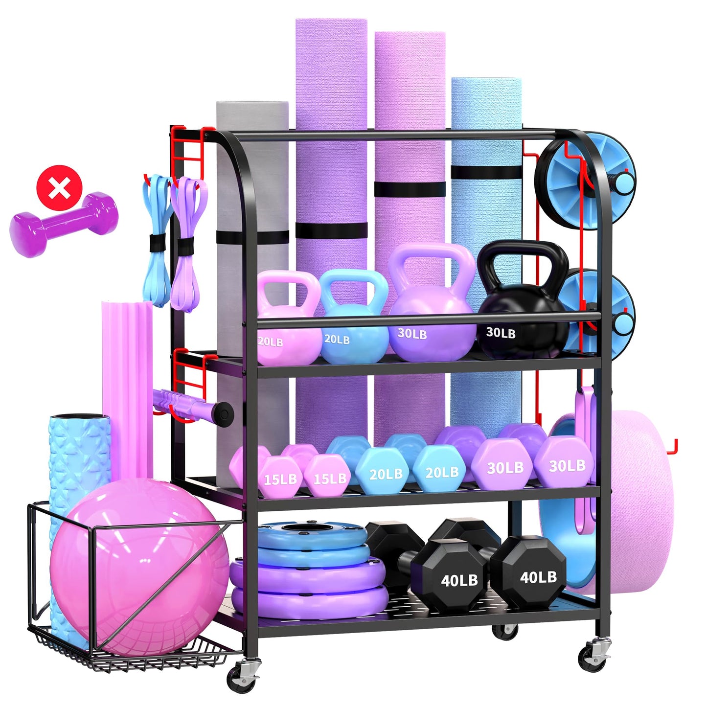 Dumbbell Rack, Weight Rack for Home Gym, 400LBS Metal Home Gym Storage with Lockable Wheels & 4 Adjustable Hooks, Weight Stand for Yoga Mat Storage, Dumbbells, Kettlebell, Foam Roller