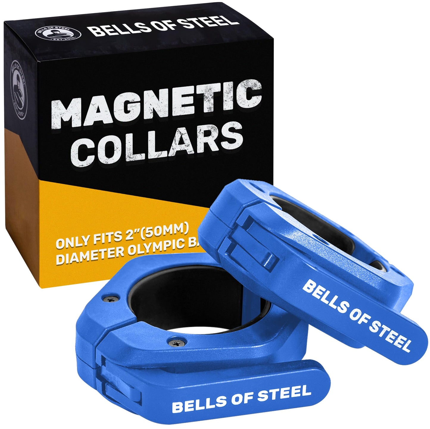 Magnetic Barbell Collars [Bells of Steel] Premium Weight Bar Clamps, Quick Release Barbell Clips, Olympic Barbell Clamps, Rubberized Gym Clips for Weightlifting Bar, Pair, Orange