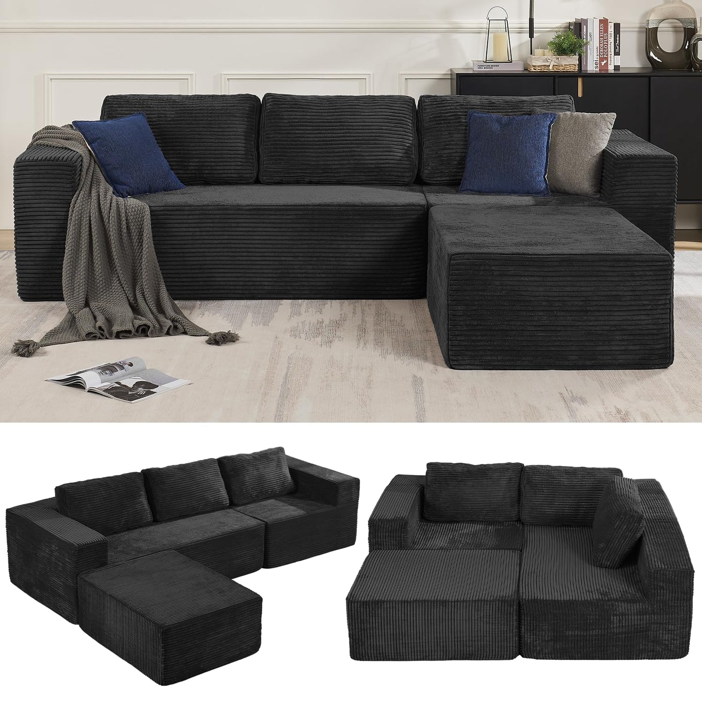 106" Cloud Sectional Couch, Left/Right Facing Convertible Sofa with Deep Seat, L-Shape Modular Upholstered Foam Couch for Living Room Bedroom, No Assembly Required (Corduroy Fabric, Beige)