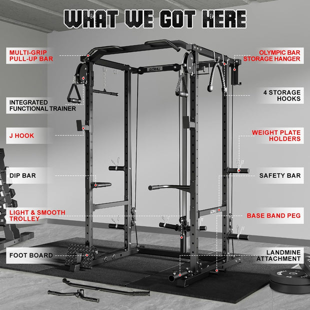 R1-V4 Power Cage Rack, 2000LB Squat Rack with Cable Crossover System, Multi-Function Weight Cage, Home Gym Workout Machine with More Training Attachments