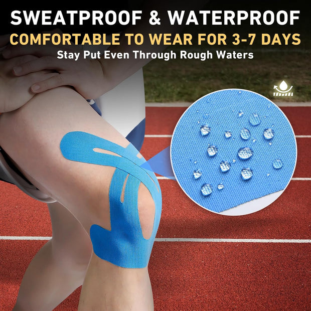 PreCut Kinesiology Tape for Knees, 12 PCS Waterproof KTQUICK Knee Tape for Knee Pain Relief Pre Cut, Original Cotton Athletic Knee Tape, Waterproof & Hypoallergenic Latex-Free for Sports (Black)