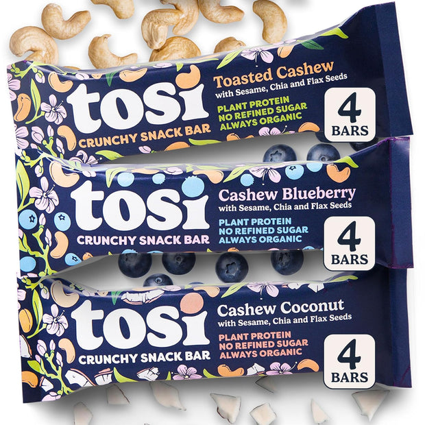 Tosi Cashew Variety Pack Protein Bars, Plant Based with Nuts, Gluten-Free Crunchy Snacks, Vegan, Organic, Flax & Chia Seeds, Soy-Free, Omega 3s, 5G Protein, 1 oz, 12-Pack