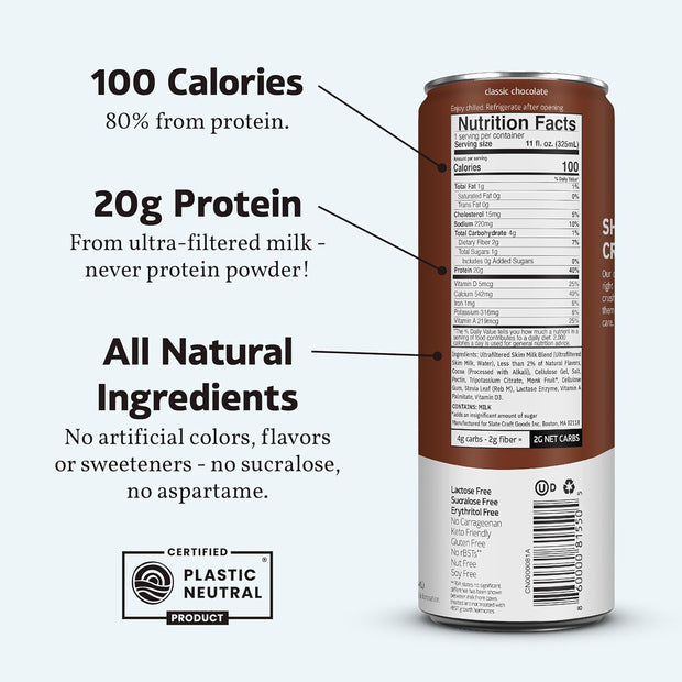 Slate Milk - High Protein Milk Shake - Classic Chocolate - Lactose Free, 20g Protein, 1g Sugar, 100 Calories, 2g Net Carbs, No Added Sugar - Natural, Breakfast Boost, Post Workout - 11 fl oz, 24 Cans