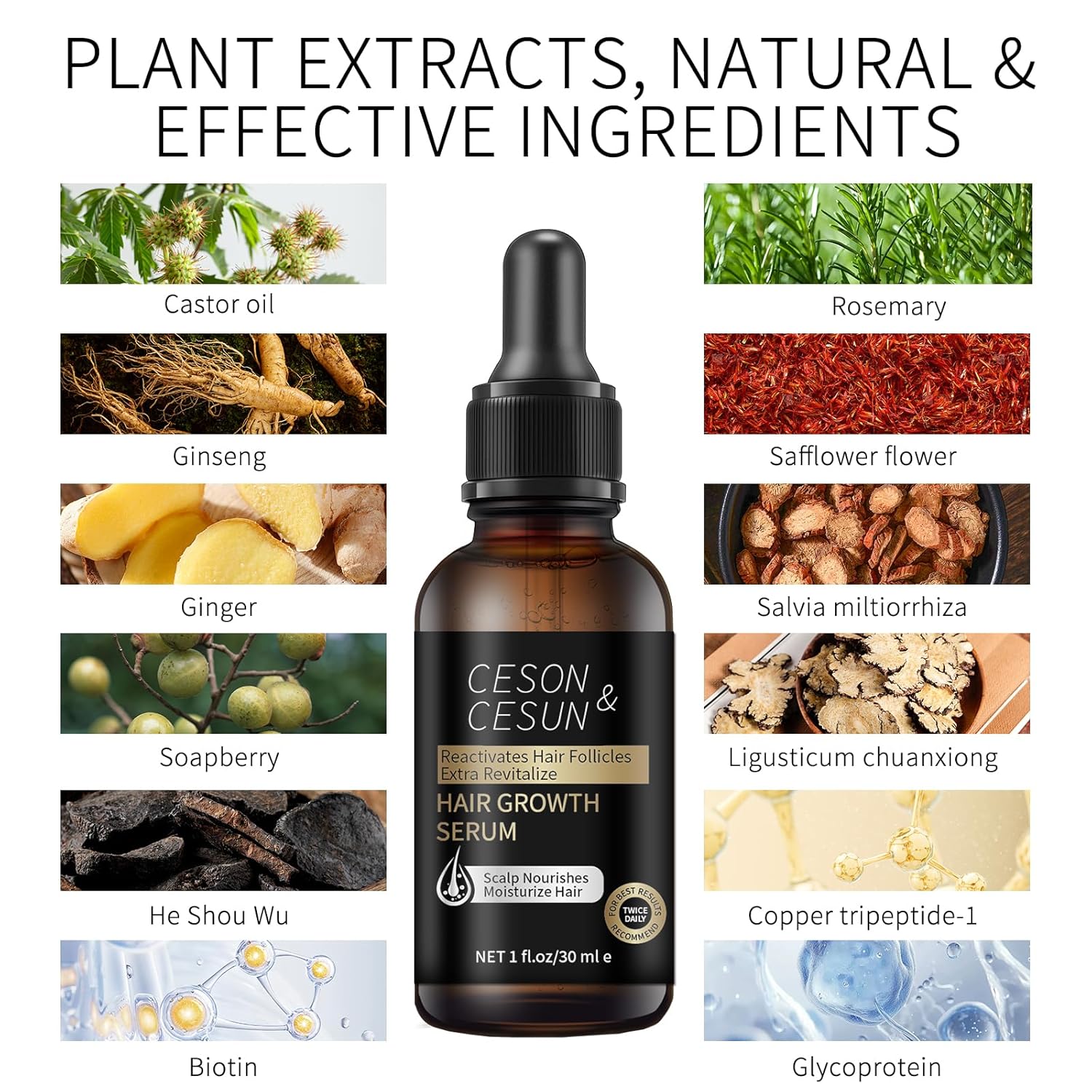 Ceson&Cesun Hair Growth Serum/Scalp Oil, With Biotin & Rosemary Castor Oil, Hair Thickening Serum For Hair loss, Water-Based, Nourishes The Scalp, Natural Hair Regrowth & Dry Damaged Hair Treatment