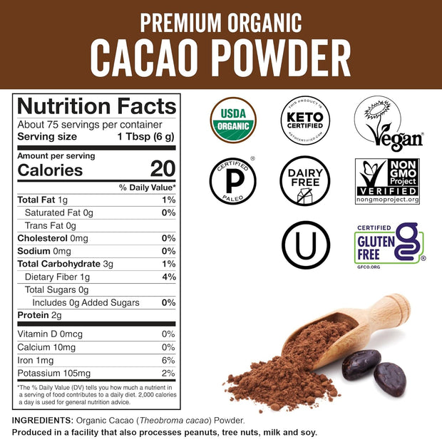 Viva Naturals Organic Cacao Powder, 1lb - Unsweetened Cacao Powder With Rich Dark Chocolate Flavor, Perfect for Baking & Smoothies, Non-GMO, Certified Vegan & Gluten-Free, 454 g