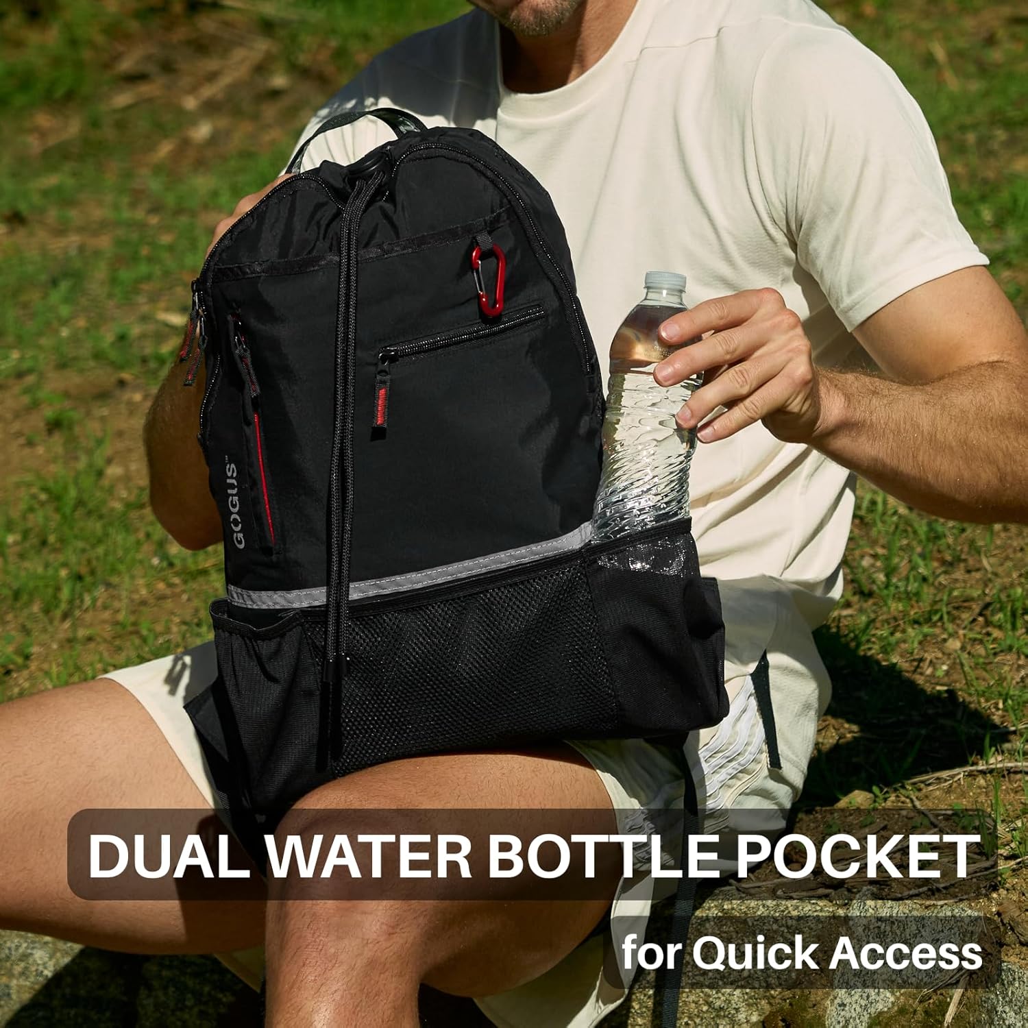 GOGUS Light Gym Drawstring Backpack with Dual Water Bottle Pockets – 18L Eco-Friendly, Water-Resistant Hybrid Bag with Mesh Compartment & Reflective Details for Men & Women