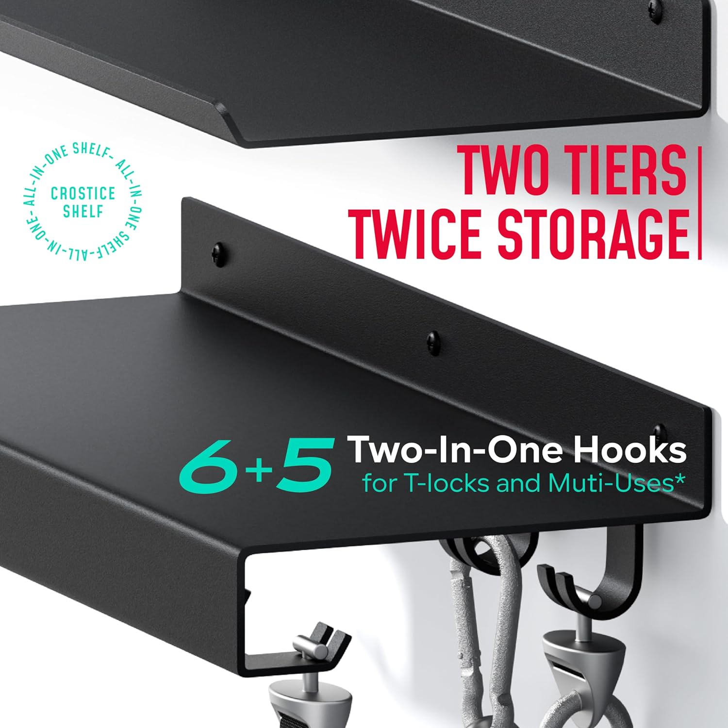 2-Tier Metal Shelf Compatible with Tonal Accessories, Floating Shelf Organizer for Home Gym Storage, T-Locks Adapter Bracket Hanger, Gym Rack Wall Mounted with Hooks, Workout Storage Holder