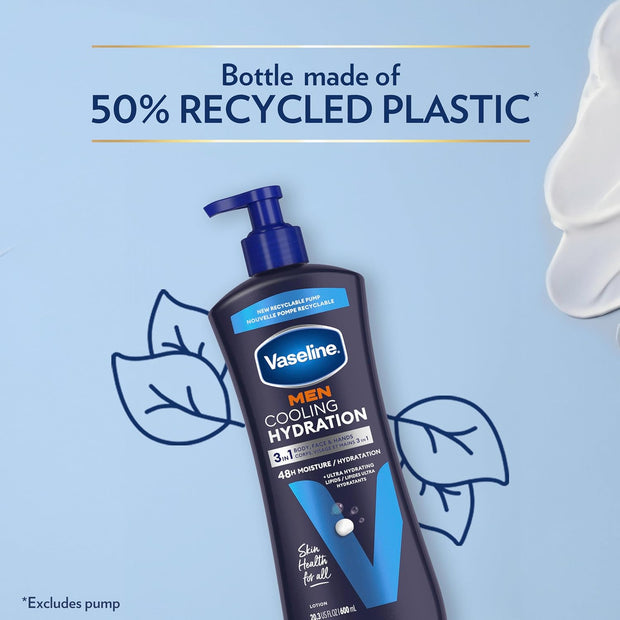 Vaseline Men Cooling Hydration 3-in-1 4 Pack for Dry Skin Face, Hands & Body Lotion for Men with Menthol & Ultra-Hydrating Lipids 20.3 oz