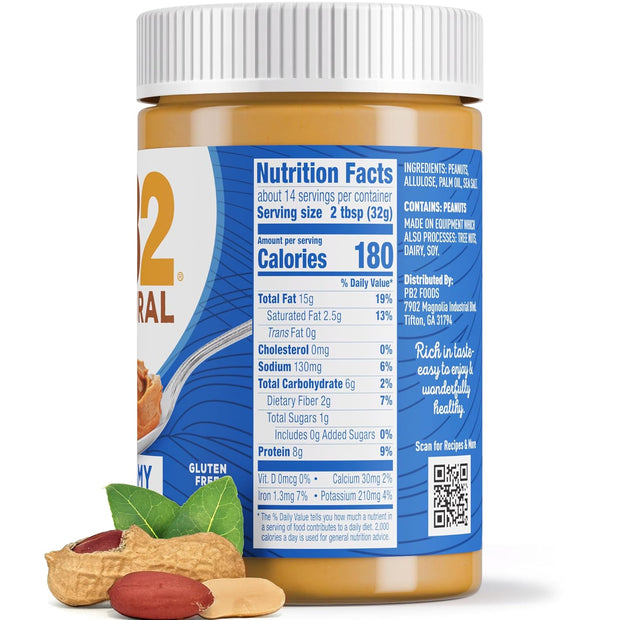 PB2 Natural Creamy Peanut Butter | All Natural Peanut Butter Spread | Healthy, Naturally Sweetened with Zero Added Sugar, Certified Gluten Free, Vegan (1-Pound Jar)