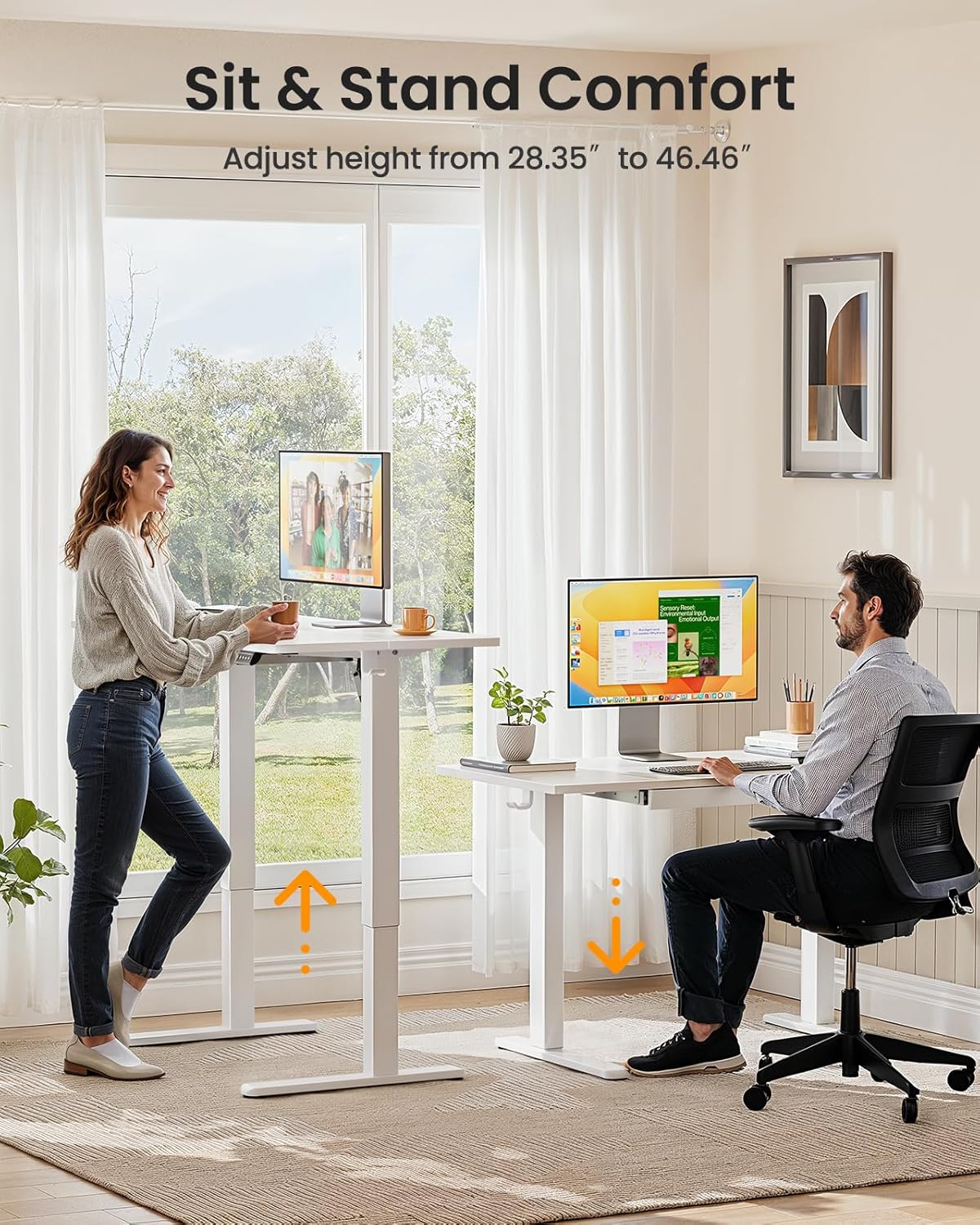 ErGear 44" x 24" Electric Standing Desk with Drawers, Height Adjustable Desk with 4 Preset Heights, Ergonomic Rising Home Office Computer Table with Splice Board, White