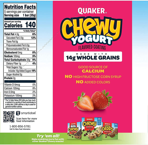 Quaker Yogurt Chewy Granola Bar, Strawberry, 5 Bars , net weight 6.1 ounce (Pack of 6) (Packaging may vary)