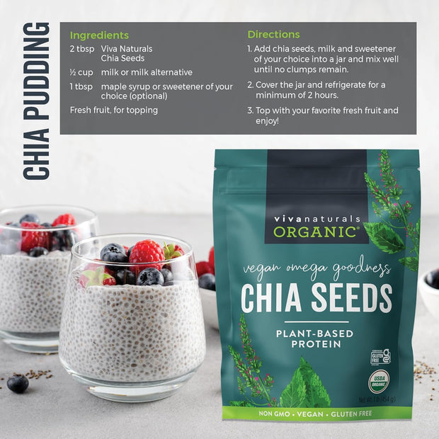 Viva Naturals Organic Chia Seeds 2 LBs - Plant-Based Omega-3 and Vegan Protein, Non-GMO Chia Seeds Organic Perfect for Smoothies, Salads and Chia Seed Pudding, Black Chia Seeds Bulk