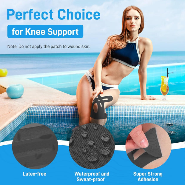 Kinesiology Tape for Knees, 10 Count Knee Tape for Knee Pain Relief Pre Cut, Latex Free Knee Tape, Support Muscles and Joints, Knee Kinesiology Tape Pre Cut, Waterproof and Elastic (Black)