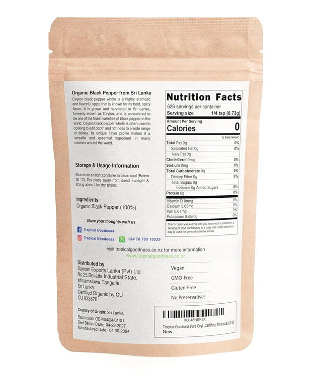 Tropical Goodness Organic Black Peppercorns Whole 16 oz/1lb, For grinder refill, Authentic Tropical Flavour, USDA & Kosher Certified, Non-GMO, Gluten-Free