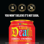 Liquid Death, Cereal Criminal, Fruity Pebbles-Flavored Sparkling Water, 12-Pack (12oz Cans), Low Calorie & No Artificial Sweeteners