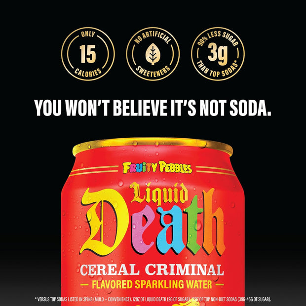 Liquid Death, Cereal Criminal, Fruity Pebbles-Flavored Sparkling Water, 12-Pack (12oz Cans), Low Calorie & No Artificial Sweeteners