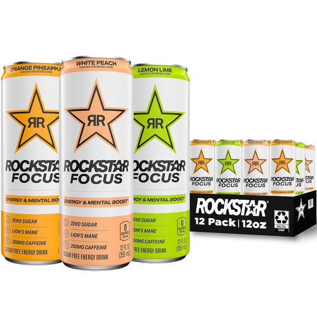 Rockstar Focus, 3 Flavor Variety Pack (White Peach, Lemon Lime, Orange Pineapple), 12 Fl Oz Cans (Pack of 12)