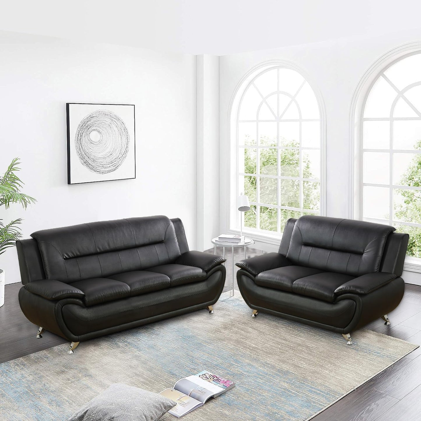 3 Piece Living Room Furniture Set, Leather Sofa Set for Living Room, Modern Couch Set with 3-Seater Sofa, Loveseat and Armchair (Black 2)