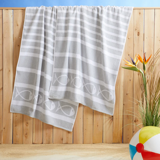 100% Cotton Velour Cabana Stripe Beach Towel Set 30" x 60" - Ultra Soft, Plush, & Highly Absorbent Towels for Pool, Beach, & Swimming. Marina Collection (4-Pack, Charcoal)