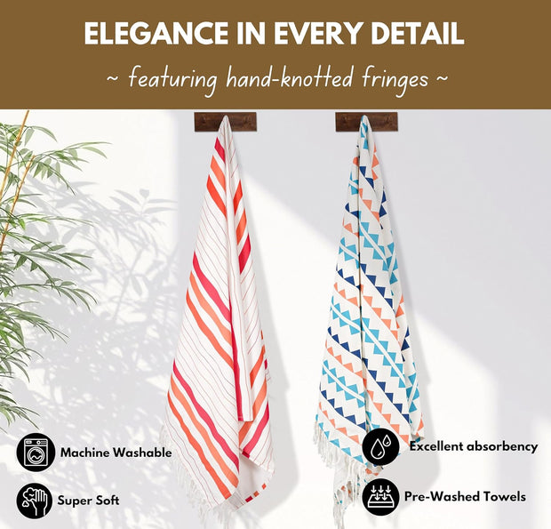 Native Fab Oversized Turkish Beach Towels - 2 Pack - Terry Cotton - Extra Large 40x72 inches, Soft, Absorbent, Quick Dry Towels for Adults, Swim, Bath, Spa, Pool - Red, Orange, Blue, Navy