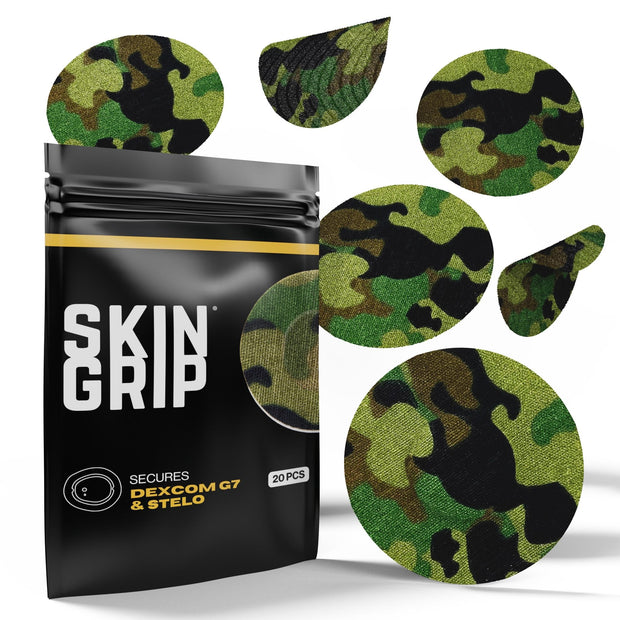 Skin Grip Adhesive Patches Compatible with Dexcom G7 & Stelo CGM – Waterproof & Sweatproof Cover for Continuous Glucose Monitor Sensor, Stays Secure for 10-15 Days – 20 Pack, Camo